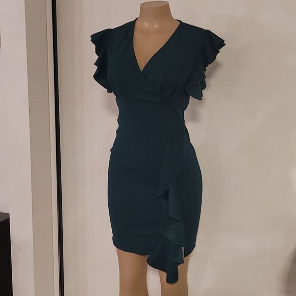 BRAND NEW KNITEE V-NECK RUFFLED ASYMMETRICAL MINI DRESS G1 - Picture 3 of 13